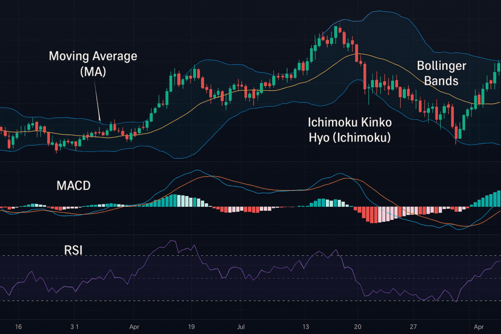 انواع اندیکاتورهای متاتریدر در چارت فارکس شامل RSI، MACD، ایچیموکو، میانگین متحرک و باند بولینگر